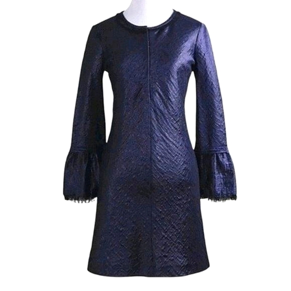 Theory Mailla Linden Matte Sheen Fringe Trim Wool Silk Long Sleeve Dress - Picture 2 of 11